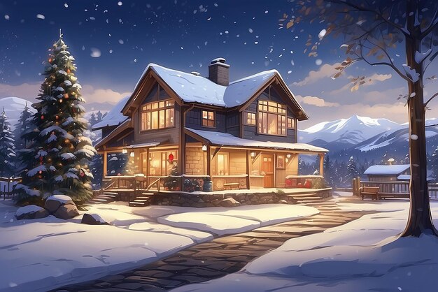 captures the essence of a cozy winter wonderland with snow covered landscapes twinkling lights and a warm fireplace