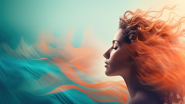 Captures a female profile in vibrant orange hues overlaid with the dynamic motion of abstract ocean waves