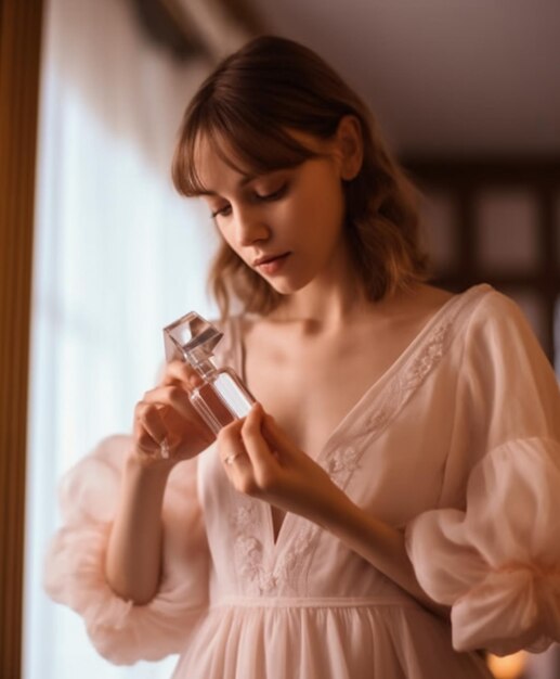 Photo capturing the allure of a young woman applying perfume
