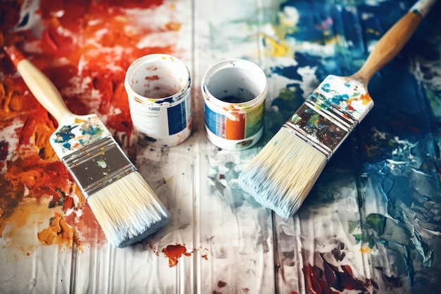 Capturing the artistry professional painter tools unleashed on protective paper for home renovation