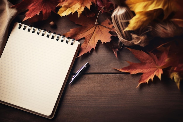 Capturing Autumn's Essence An Open Diary Pen and Copybook Adorned with Colorful Autumn Leaves A