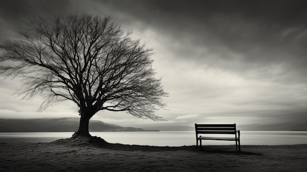 Photo capturing bereaved absence black and white landscape photo of a lonely bench by the lake