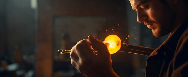 Photo capturing the brilliant craftsmanship of a glassblower as they shape molten glass with fiery determi