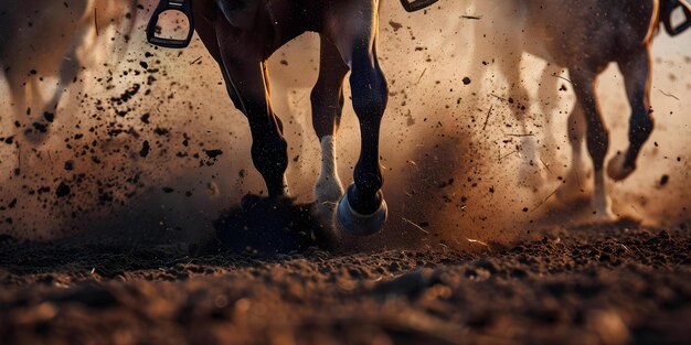 Capturing the Competitive Spirit Horses Kicking Up Dust in a Rodeo Arena Concept Wild West Rodeo Competition Powerful Horses Dusty Arena Action Shots