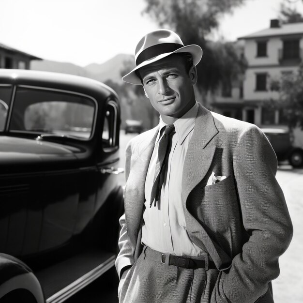 Foto catturando cool l'iconico gary cooper con una mini cooper sullo sfondo