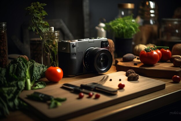 Photo capturing culinary creativity a visual story of a black and grey mirrorless camera near brown chopp