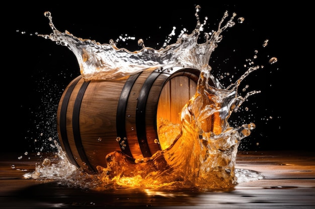 Photo capturing the dynamic movement of liquid in a barrel representation of pouring whiskey rum or cognac