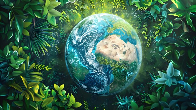 Photo capturing earth day essence lush greenery blue oceans and clear skies in a dynamic poster