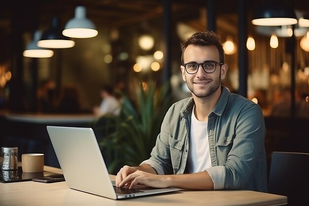 Foto catturare l'essenza di un freelance moderno un uomo sorridente con gli occhiali immerso nel suo portatile a un