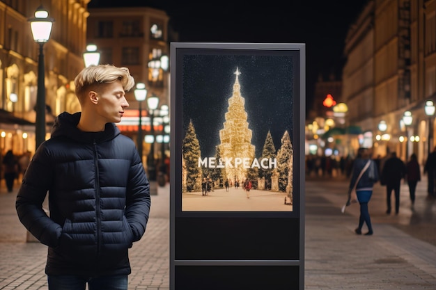 Foto catturare il fascino europeo un modello di mockup per cartello con stand luminoso di 32 strade nel centro della città