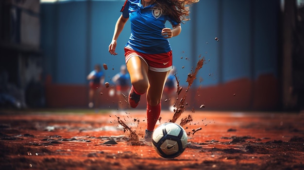 Съемка игрового стадиона с участием женщин-футболисток при дневном свете