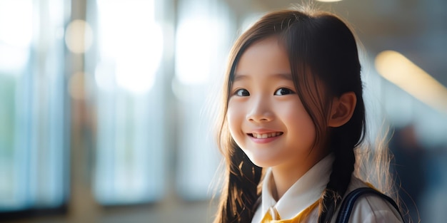 작은 아시아 학생 소녀의 웃음의 행복을 포착하는 것