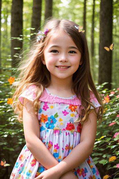꽃이 만발한 숲 속에서 웃는 소녀의 놀라운 초상화