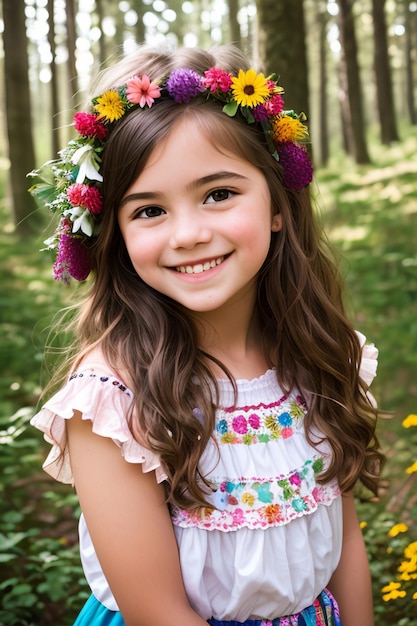 Capturing Joy A Stunning Portrait of a Smiling Girl amidst a Flourishing Floral Forest