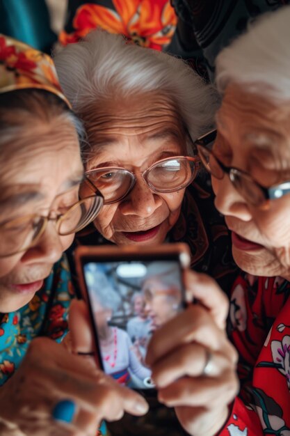 Photo capturing the joyful curiosity of a group of elderly women from various cultural backgrounds huddle