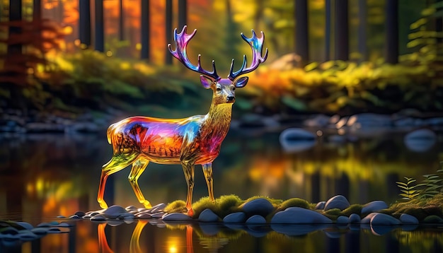 Photo capturing the majestic glass deer in a vibrant forest symphony