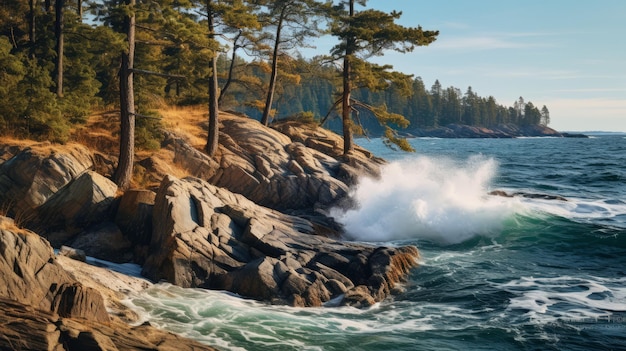 Capturing The Majestic Ocean Waves And Forest At Sea