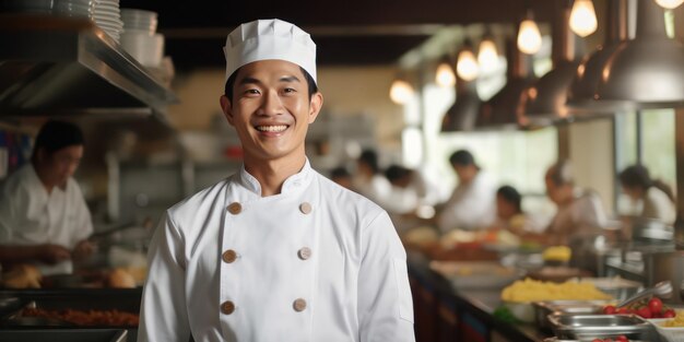 Capturing a moment of culinary pride in the smile of an Asian male chef