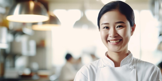 Capturing a moment of happiness in the smile of an Asian female chef