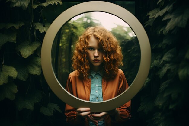 Capturing the Moment Woman Poses Beautifully in Front of a Round Mirror ar 32