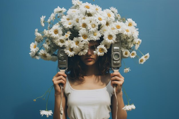 Photo capturing natures beauty a woman with a camera and a bouquet of daisy flowers