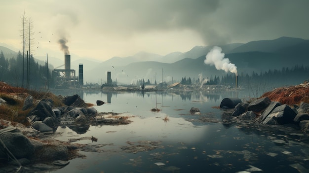 写真 水と煙で静かな瞬間を捉える産業景観