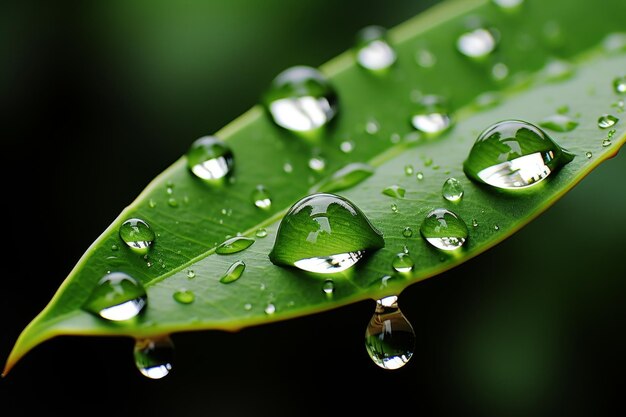 Photo capturing the serene beauty dew drops glistening on vibrant green leaves in nature