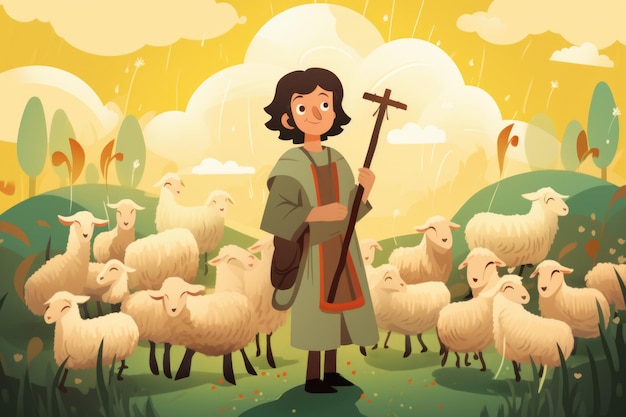 静けさをとらえ、羊を飼う幼子イエス・キリストの優しい描写、無邪気な信仰と聖書の物語の牧歌的な魅力を体現する愛らしく象徴的なシーン