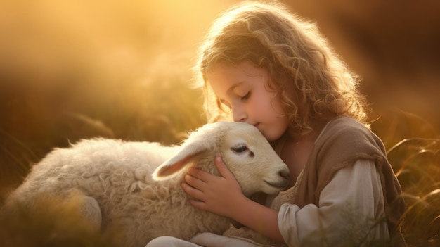 Photo capturing serenity a tender portrayal of the little child jesus christ herding sheep an endearing and symbolic scene embodying innocence faith and the pastoral charm of the biblical narrative