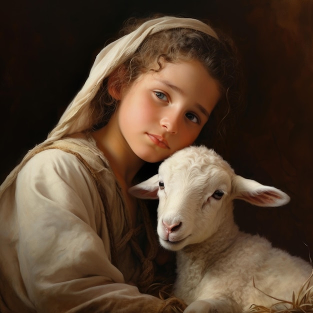 静けさを捉える 羊を飼う小さな子供 イエス・キリストの優しい描写 無邪気な信仰と聖書の物語の牧羊の魅力を体現する 愛らしいシンボル的なシーン