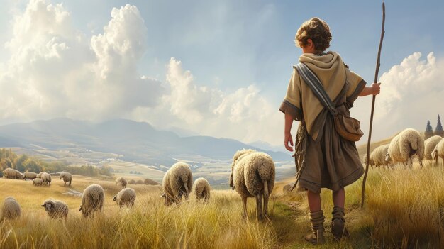 Захватывая спокойствие, нежное изображение маленького ребенка Иисуса Христа, пасущего овец, приятная и символическая сцена, воплощающая невинность, веру и пастырское очарование библейского повествования.