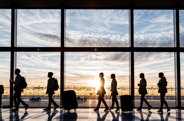 Capturing the Skies Airport Terminal and Travelers at Sunrise or Sunset