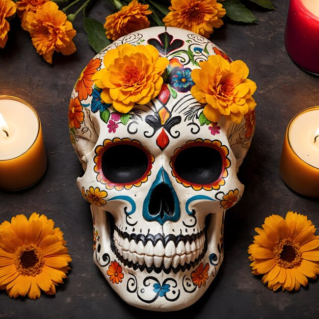 Photo capturing the soul day of the dead in artistic sugar skull