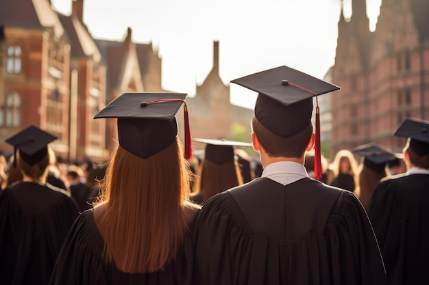 Capturing the Success Rear View of Accomplished University Graduates Donning Graduation Gowns and C