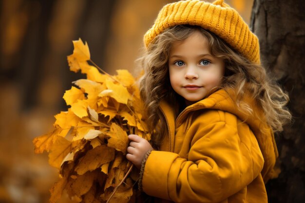 Capturing the vibrant colors of autumn a little girl embraces a golden leaf 32 aspect ratio