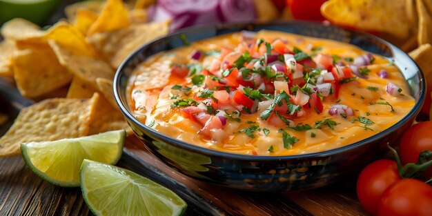 Photo capturing the vibrant flavors of queso dip with crispy chips and zesty lime a food photography journey concept food photography queso dip chips lime vibrant flavors