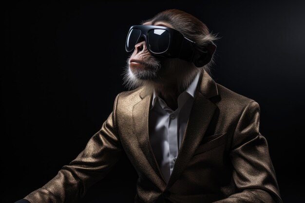 Photo capuchin monkey in suit and virtual reality on black background