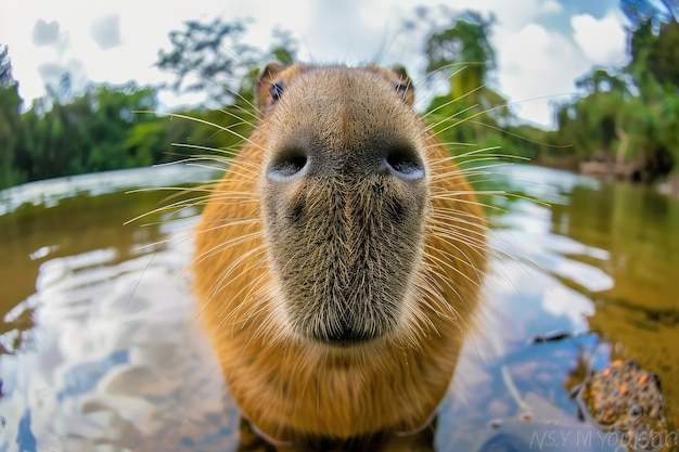 Capybara Close up Portrait Fun Animal Looking into Camera Capybara Nose Wide Angle Lens