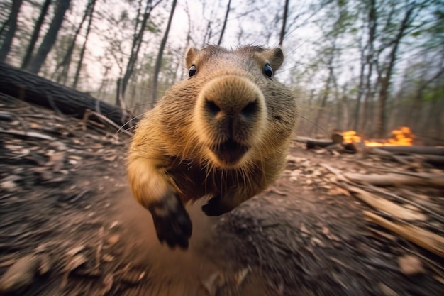 Capybara 탈출 산불 광각 샷 훌륭한 디테일