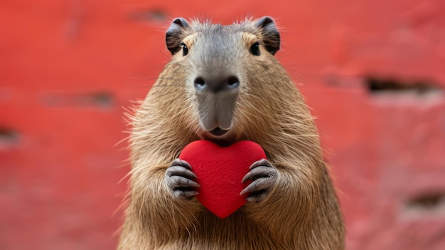 Foto capybara houdt een groot rood hart in haar poten op een minimalistische heldere achtergrond