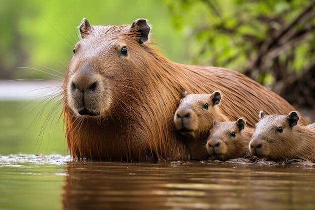 Photo capybara hydrochoerus hydrochaeris mother with her three babies a capybara family resting together on the banks of a river ai generated