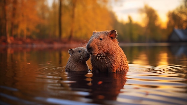 カピバラのほっぺにキス カピバラの赤ちゃん