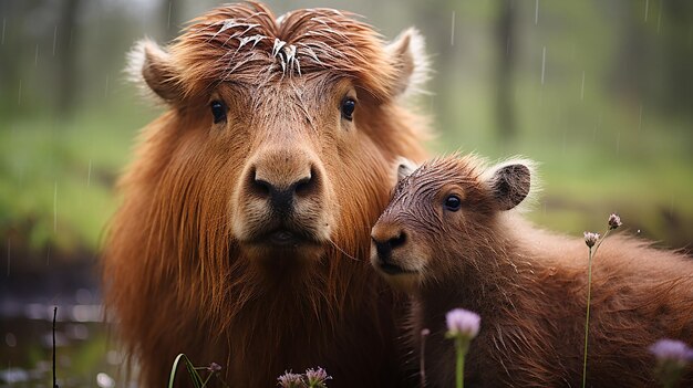 Foto capybara bacia la guancia del bambino capybara