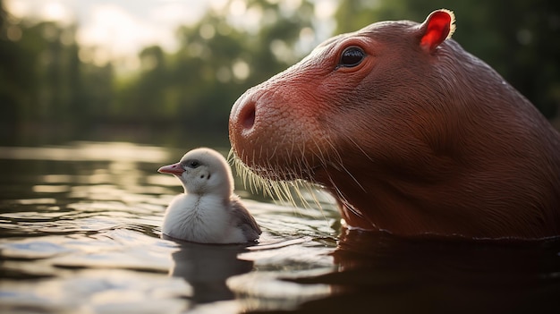 Foto capybara bacia la guancia del bambino capybara