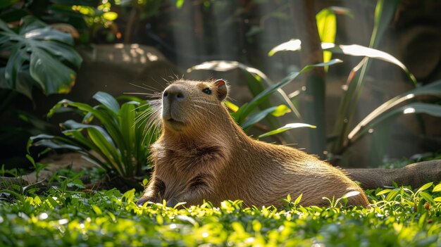 Photo capybara laying in grass looking up