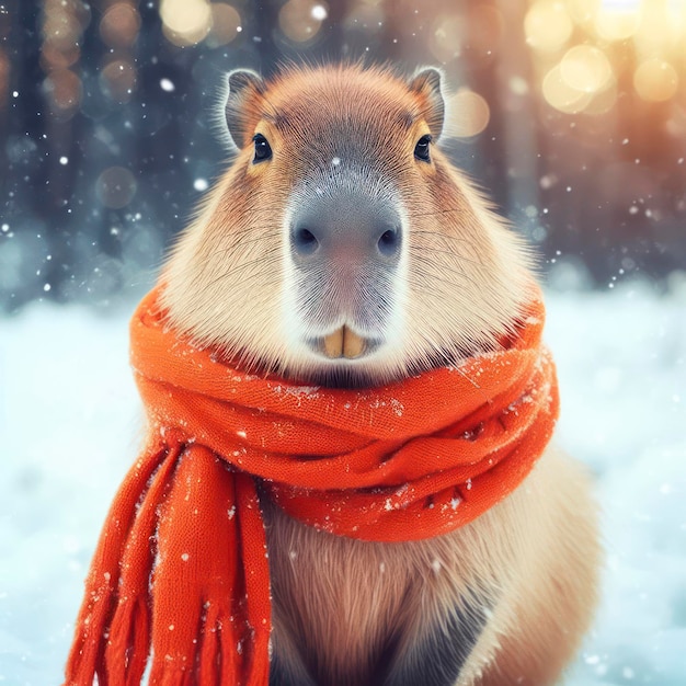 Capybara in an orange scarf on bokeh snow nature background ai generative