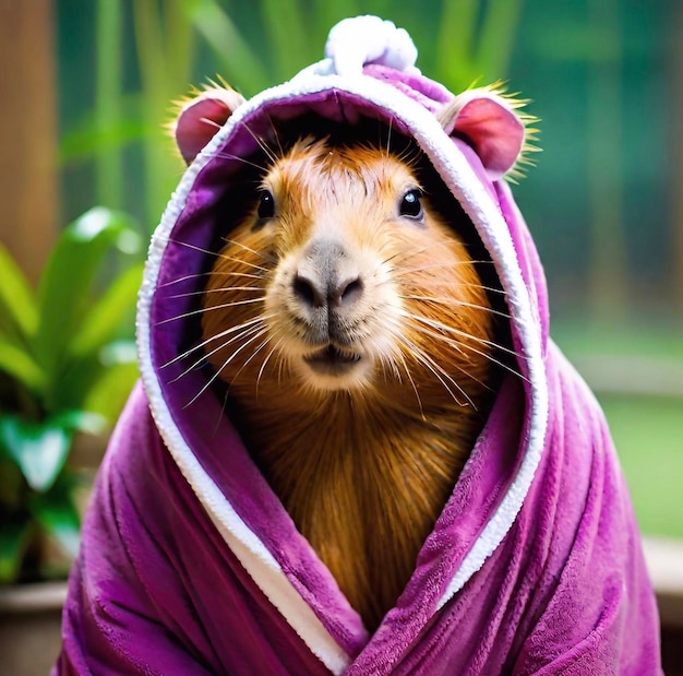 Foto capybara con un accappatoio viola