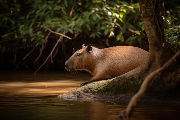 Capybara relaxing by the stream surrounded by nature generative IA