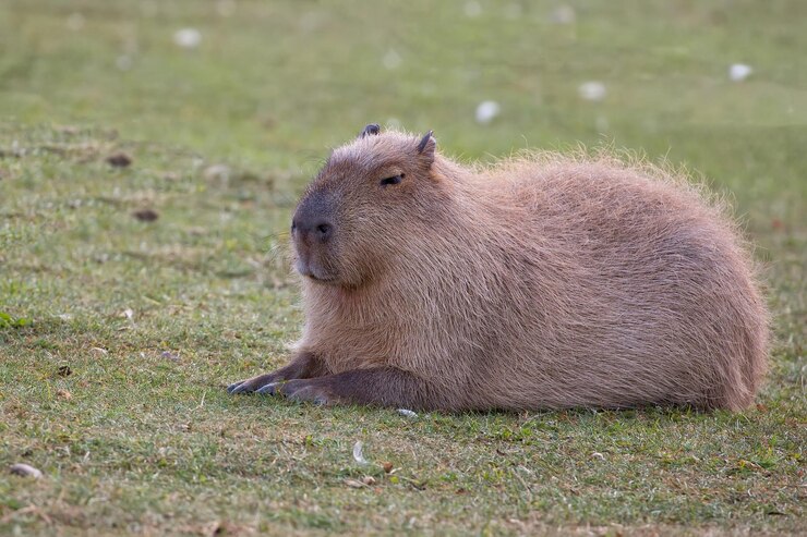 晴れ地で休んでいるカピバラ