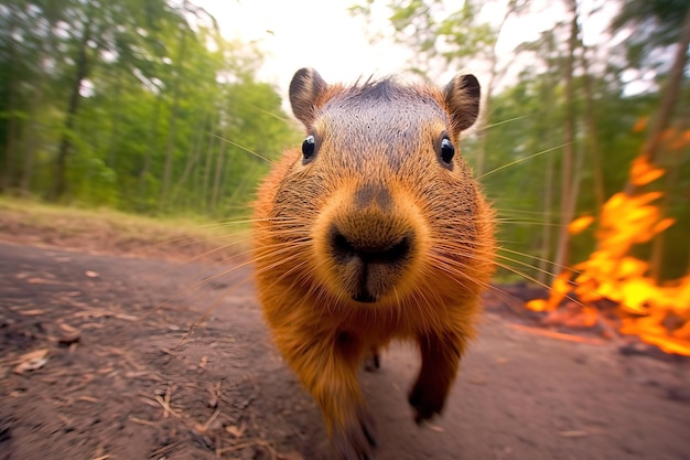 Capybara running and escaping from a forest fire Wideangle